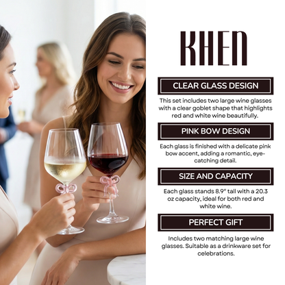 Large Clear Wine Glass with Pink Bow on Stem, Set of 2