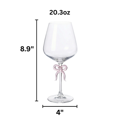 Large Clear Wine Glass with Pink Bow on Stem, Set of 2