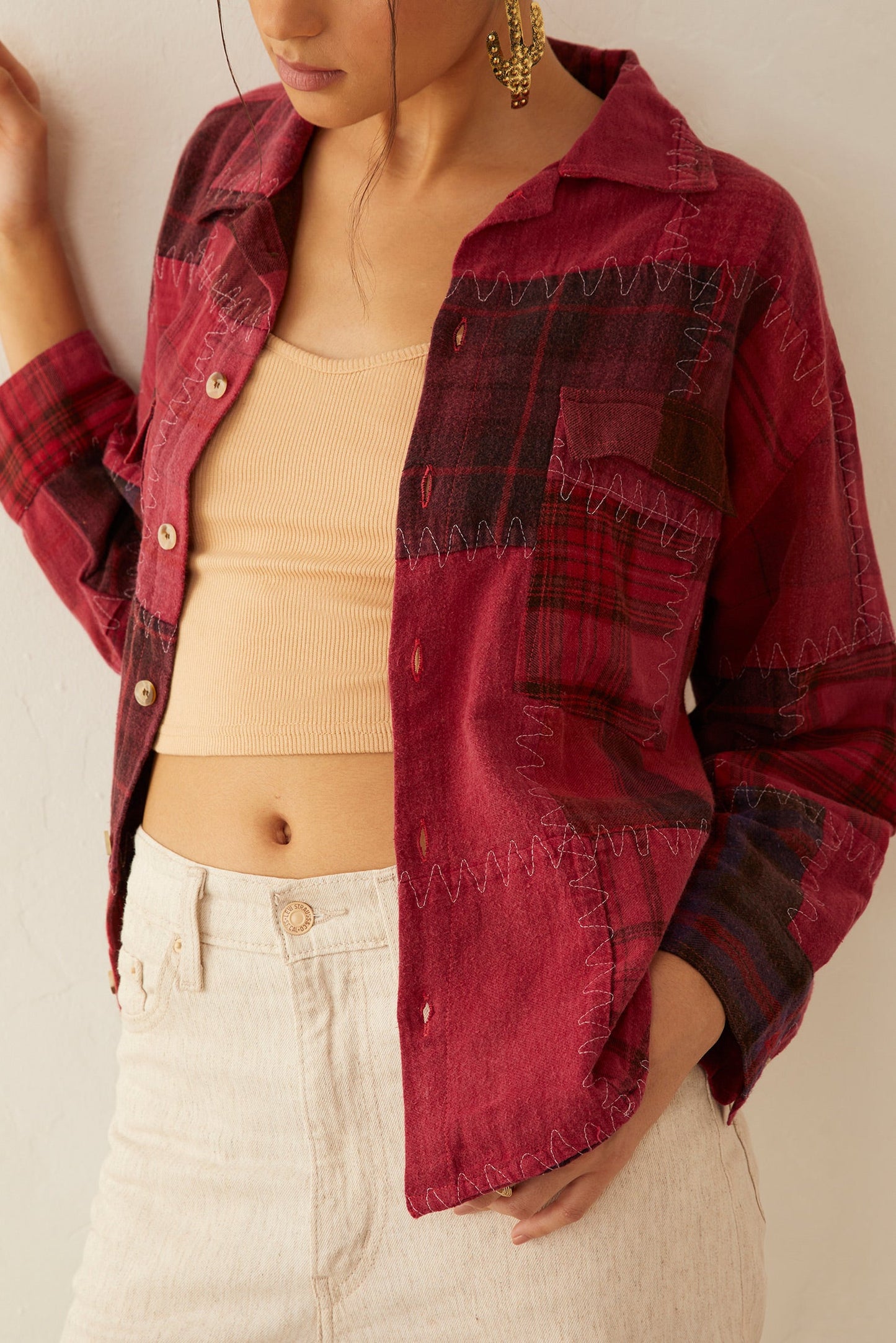 Emma Dawn Patchwork Shacket in Red