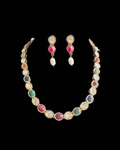 DNS205 Bhanu navratan necklace with earrings in real gemstones ( READY TO SHIP )