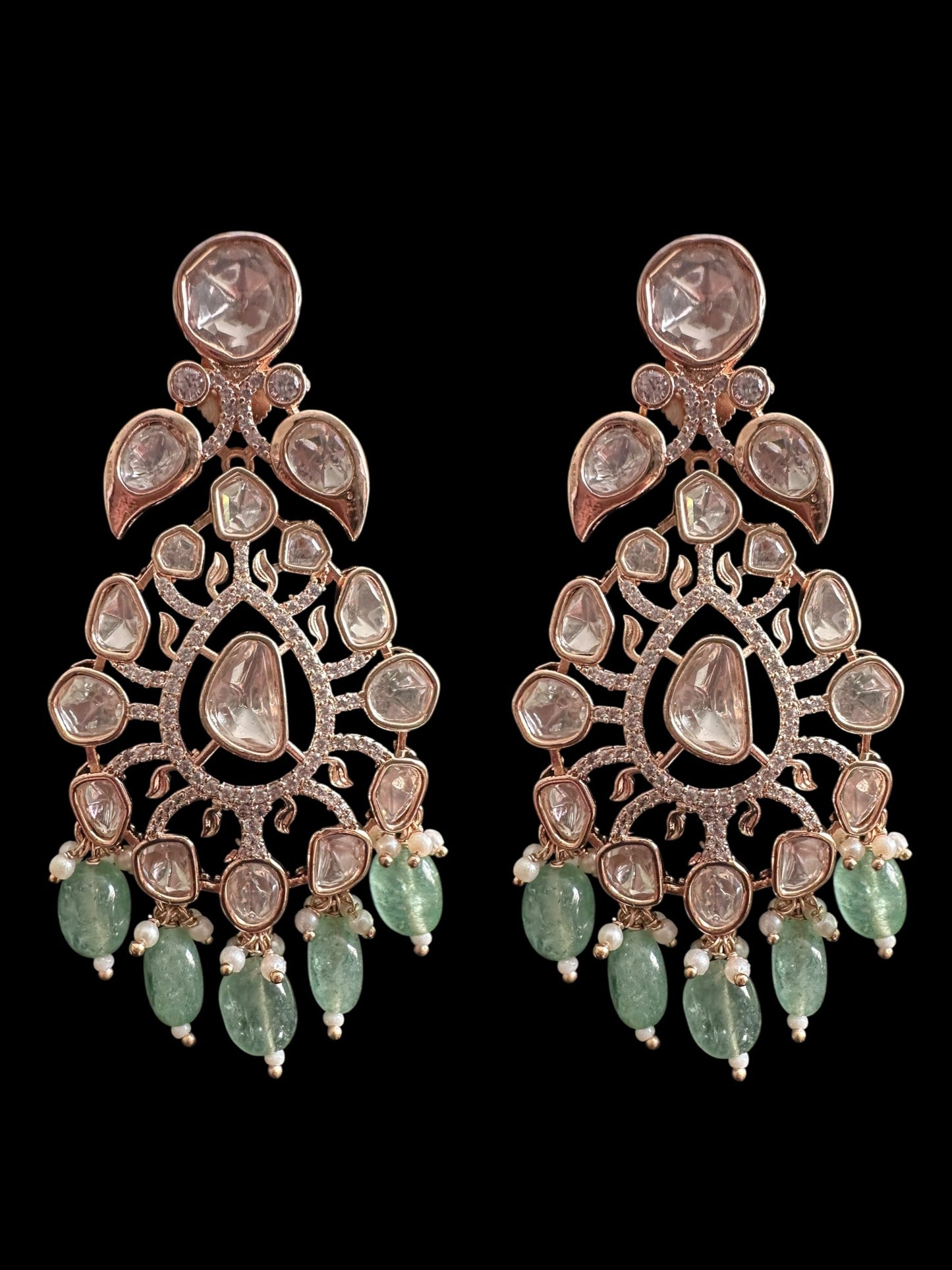 DNS206 Alayna Polki Necklace earrings tika set - light green beads with pearls ( READY TO SHIP )