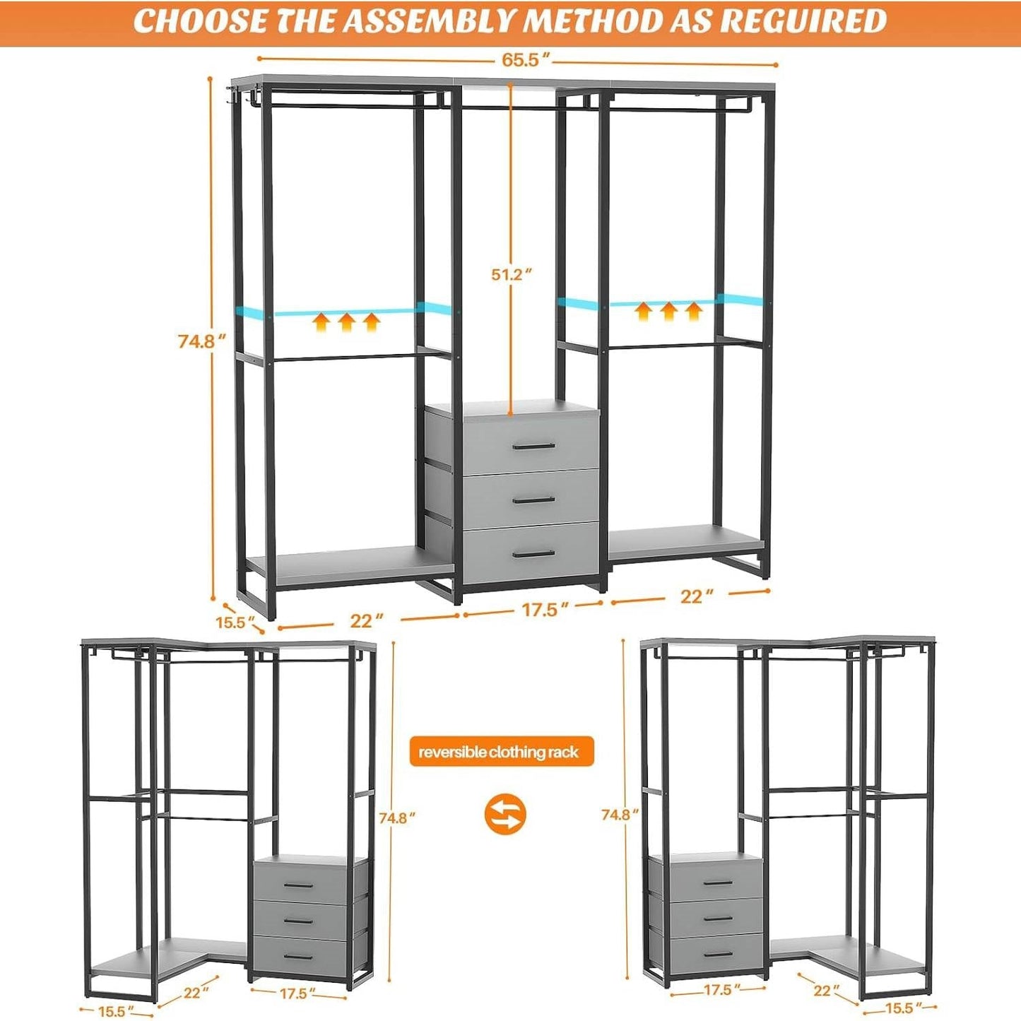 Heavy Duty Black Grey Freestanding Garment Rack Closet Wardrobe with 3 Drawers