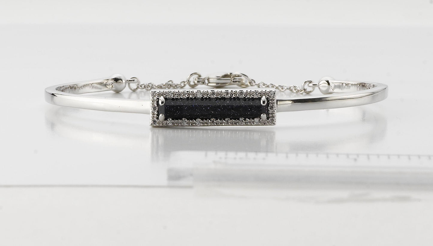Sand Stone Rhodium Plated and CZ And Blue Stone Rectangle Bangle