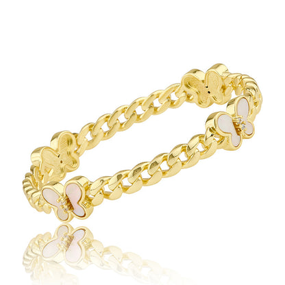Link Bangle Accented With Cz & Mother Of Pearl Butterflies