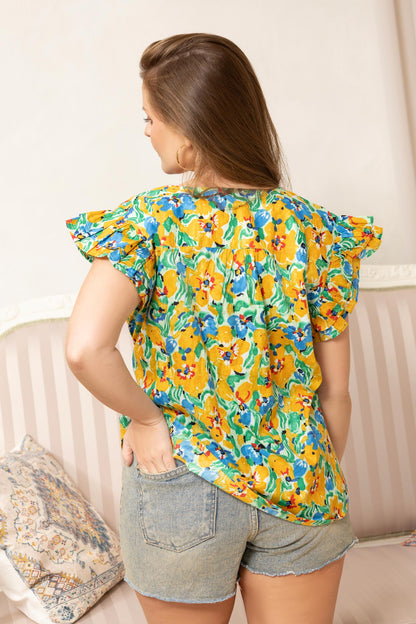 Leilani Floral Pattern Top In Yellow and Blue