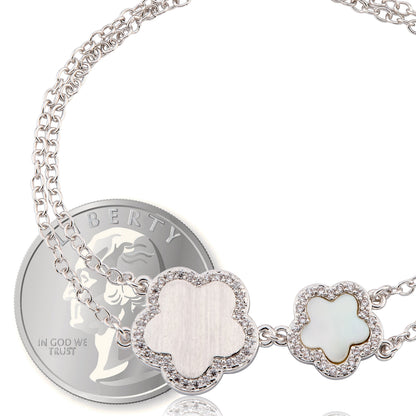 LMTS Classic!  Cz Framed Large Flower & Small Flower Double Strand Chain Bracelet