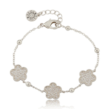 14K Gold Plated 3 Pave CZ Flowers On Bead Chain Bracelet