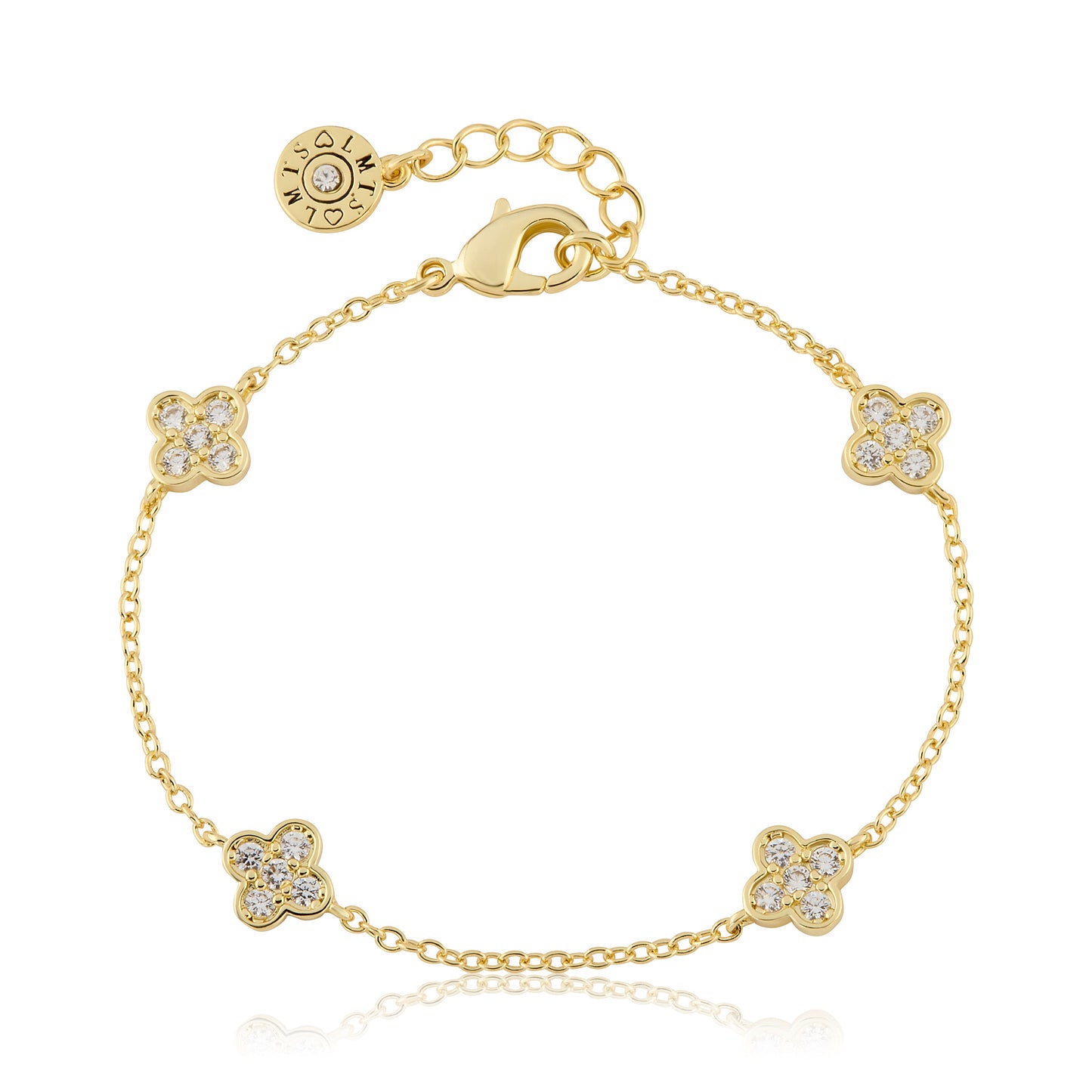 14K Gold Plated 4 Clear Cz Clover Station Chain Bracelet