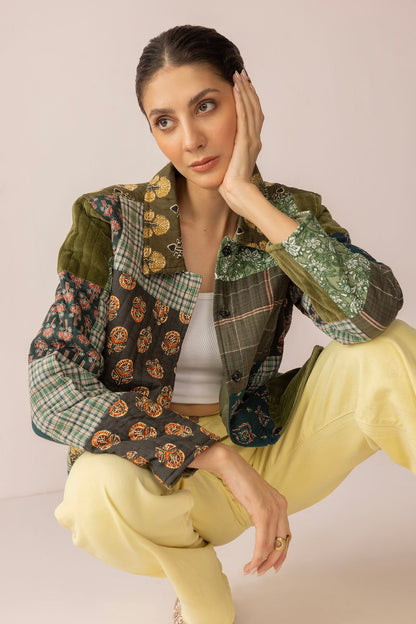 Meadow Folk Quilted Jacket with Patchwork in Dusty Green