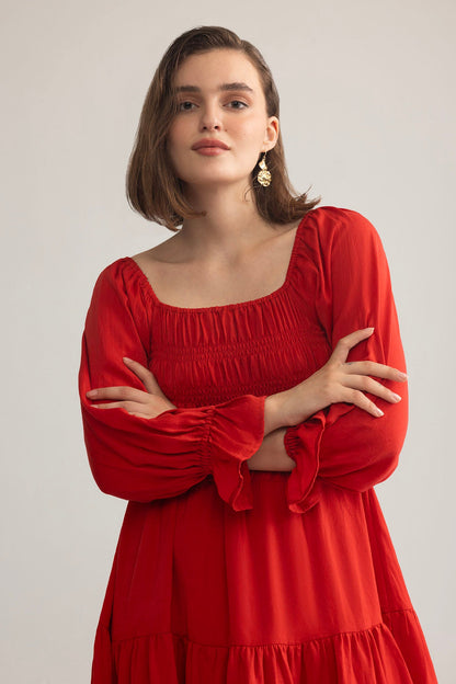 Daisywood Ruffle Smocking Dress in Red