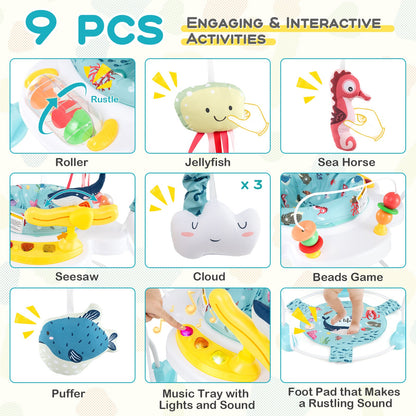 Baby Activity Center Height Adjustable Baby Bouncing Saucer with Interactive Toys-Light Blue