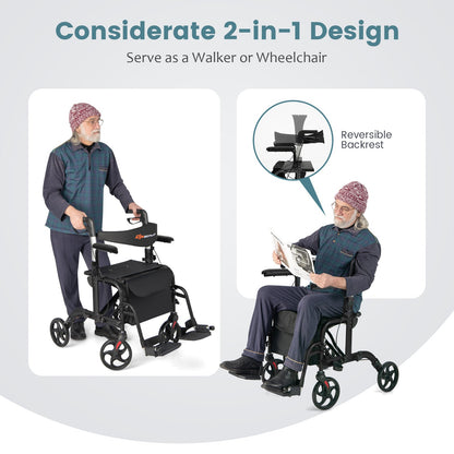 Folding Rollator Walker with Seat and Wheels Supports up to 300 lbs-Black