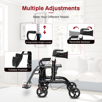 Folding Rollator Walker with 8-inch Wheels and Seat-Black