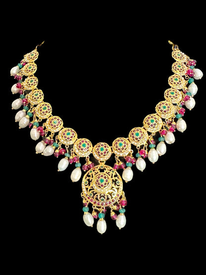 SN20 Ruby emerald pearl necklace with earrings|92.5silver gold plated ( READY TO SHIP )