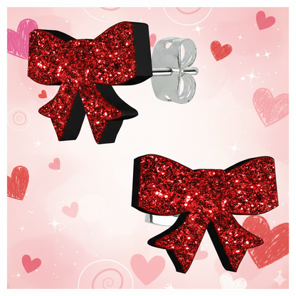Ruby Red Glitter Ribbon Bow Stud Earrings