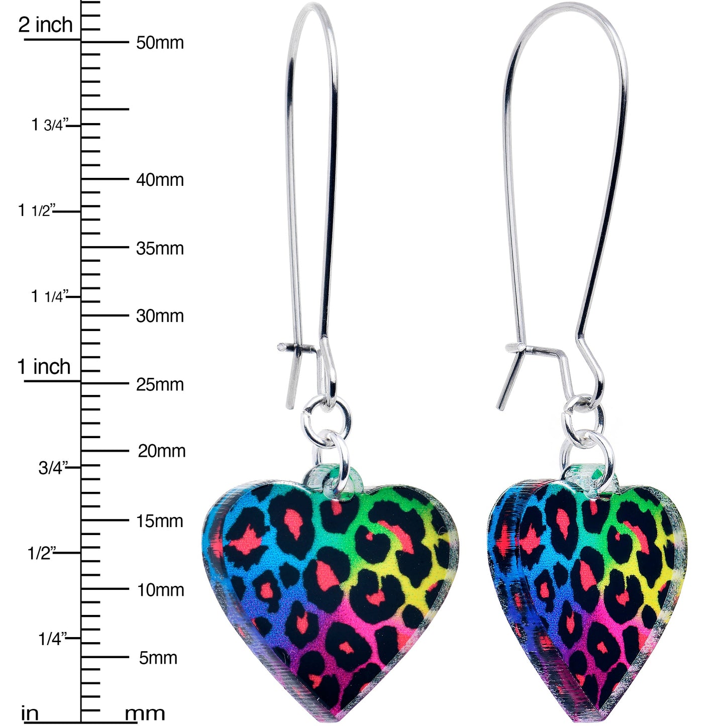 Acrylicious Rainbow Cheetah Print Heart Dangle Earrings by Onyx O