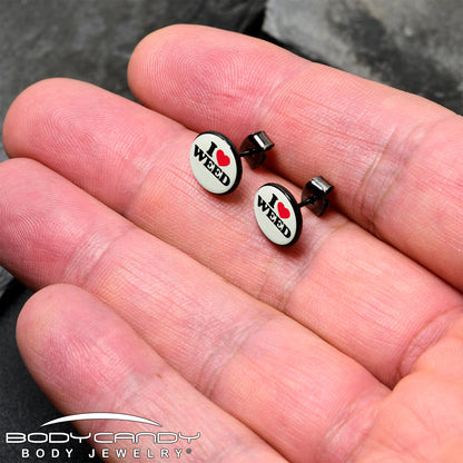 Black Anodized I Love Weed Glow in the Dark Stud Earrings by Onyx O