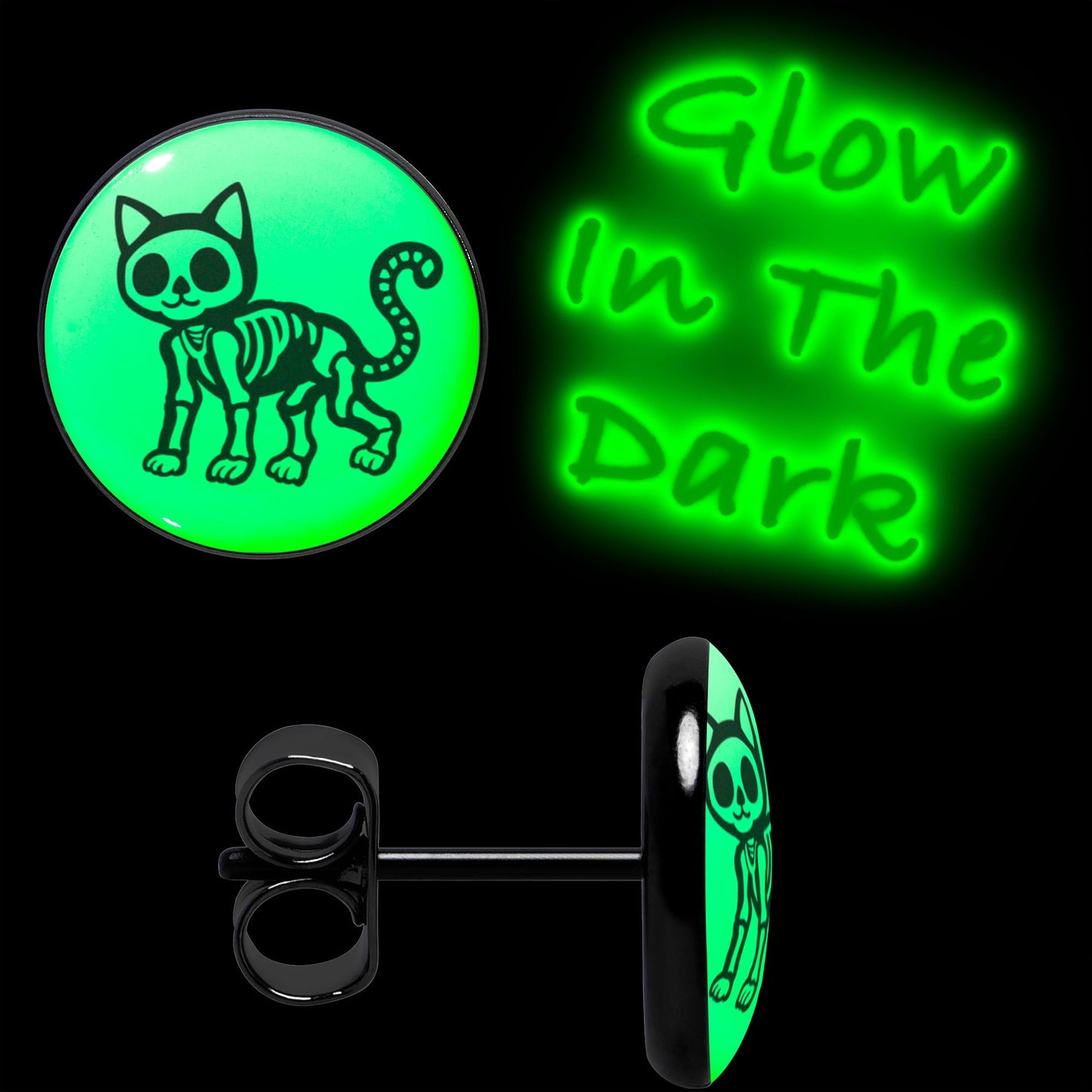Black Anodized Skeleton Kitty Cat Glow in the Dark Stud Earrings by Onyx O