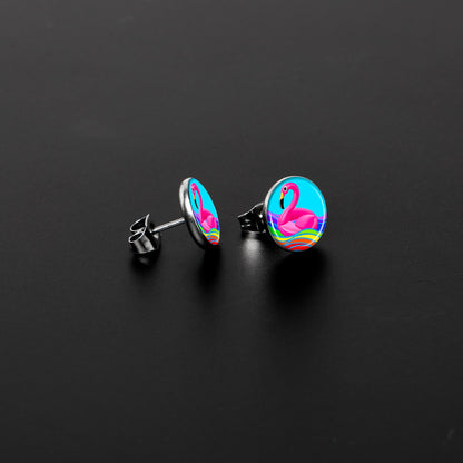 Rainbow Sea Floating Flamingo Stud Earrings by Onyx O