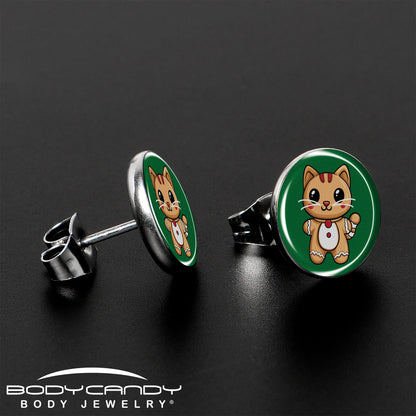 Christmas Holiday Gingerbrread Kitty Cat Stud Earrings by Onyx O
