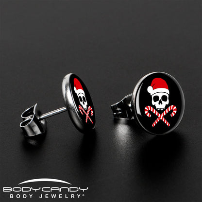 Santa Pirate Candy Cane Skull Stud Earrings by Onyx O