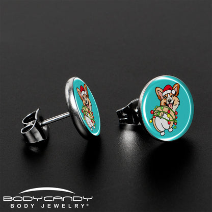Christmas Holiday Lights Corgi Dog Stud Earrings by Onyx O