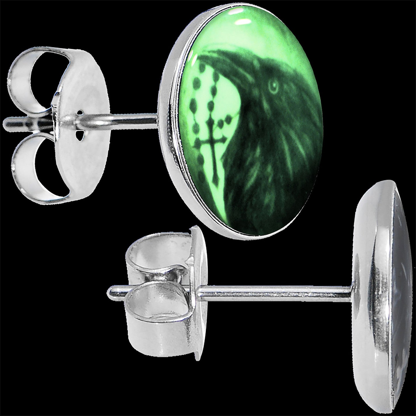Raven and Cross Glow in the Dark Stud Earrings