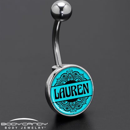 Custom Teal Mandala Personalized Name Belly Ring