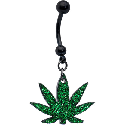 Green Glitter Marijuana Pot Leaf Black Dangle Belly Ring