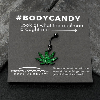 Green Glitter Marijuana Pot Leaf Black Dangle Belly Ring
