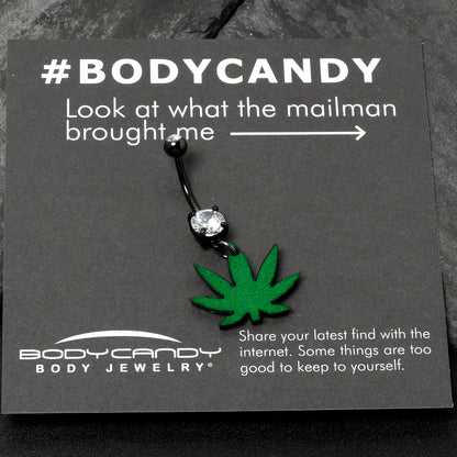 Double Gem Green Marijuana Pot Leaf Black Dangle Belly Ring