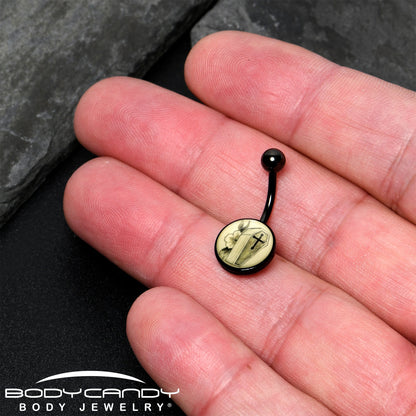 Black Titanium Coffin and Flower Glow in the Dark Belly Ring