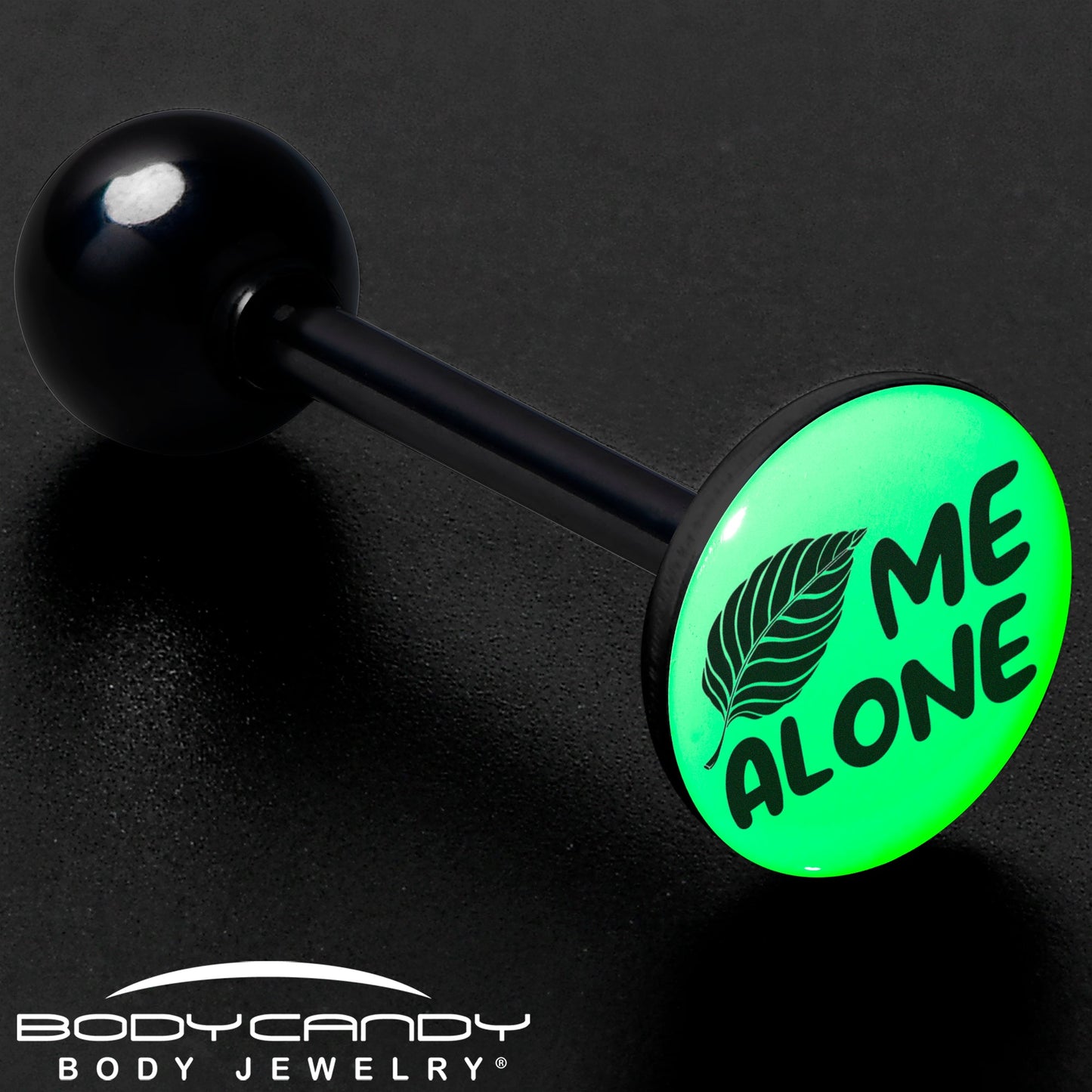 Glow in the Dark Black Anodized Leaf Me Alone Barbell Tongue Ring by Onyx O