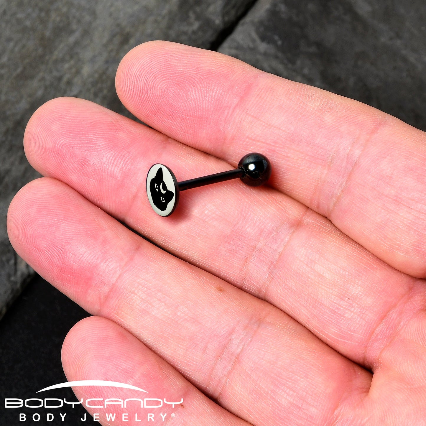 Glow in the Dark Black Anodized Mystic Kitty Cat Barbell Tongue Ring by Onyx O