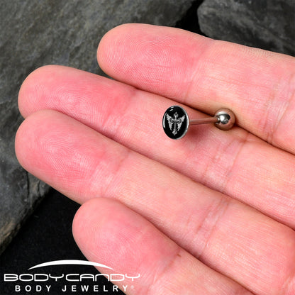 Black White Winged Cross Barbell Tongue Ring by Onyx O