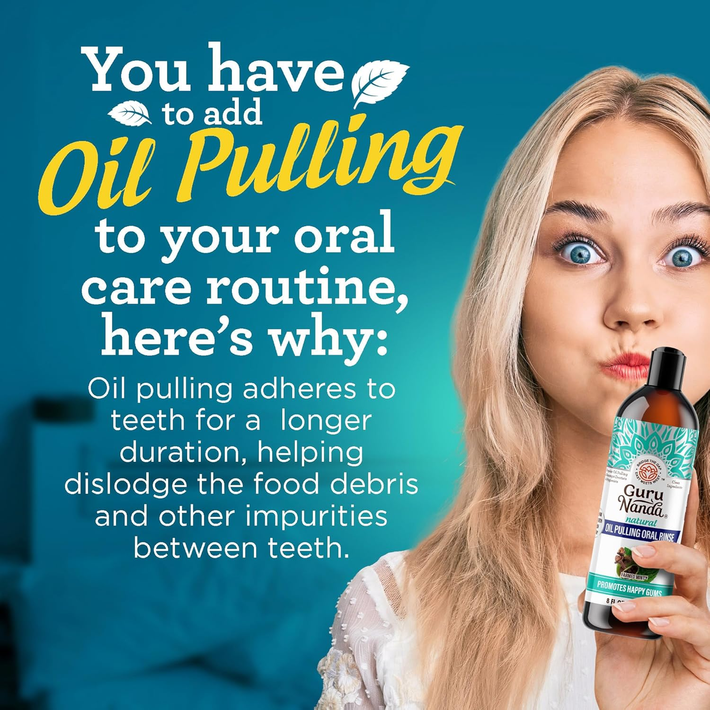 GuruNanda Cocomint Oil Pulling Mouthwash for Complete Oral Hygiene, 7 Essential Oils & Vitamins for Happy Teeth & Gums & Fresh Breath , Alcohol-Free, 8 Oz