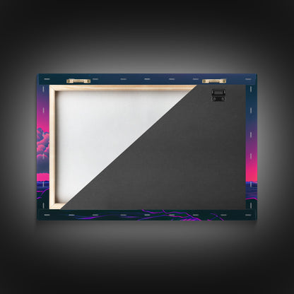Humpback whale breaching a rainbow, vaporwave art, synthwave animal print, framed canvas print