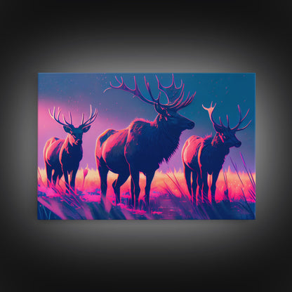 Vaporwave landscape, Elk in the plains at sunset, framed canvas art, canvas print, framed wall art