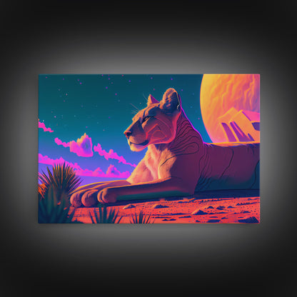 Lioness synthwave art, framed canvas print, beautiful pastel lion art