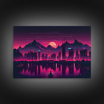 Cyberpunk Vancouver, Futuristic city skyline art, framed canvas print