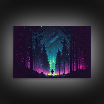 Contemplating the stars, vaporwave aesthetic, forest art, starry night, framed canvas print