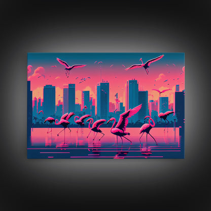 Pink Flamingos, Vaporwave aesthetic style art, framed canvas print, framed wall art