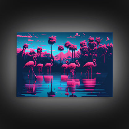 Reflections of Pink Flamingos, Vaporwave aesthetic style art, framed canvas print, framed wall art
