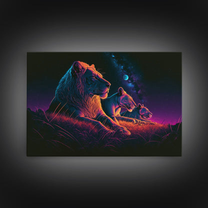 Retro Synthwave Style Lion Art, African Wildlife, Framed Canvas Print, Pastel Tones Wall Decor