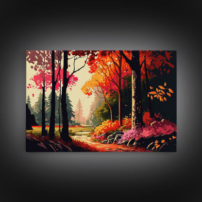 Pop Art Style Fall Forest Landscape, Framed Canvas Print, Unique living room wall art, above sofa art, Color Pop forest art