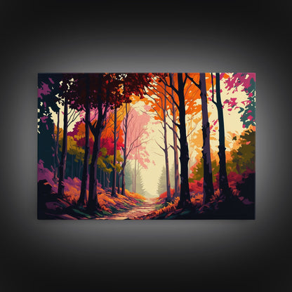 Pop Art Style Fall Forest Landscape, Framed Canvas Print, Unique living room wall art, above sofa art, Color Pop forest art