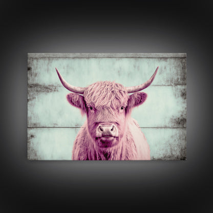 Pink and Turquoise Rustic Cattle Art, Framed Canvas Print, Framed Wall Art, Primitive Rustic Minimalist Farmhouse Decor, Highland Cattle Art
