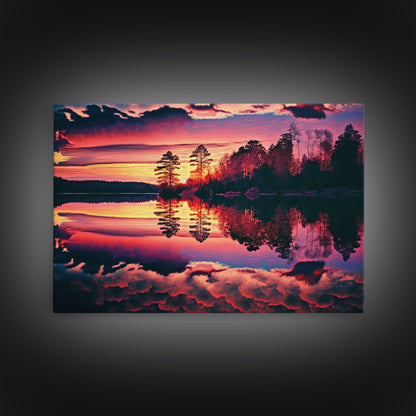 Reflections on the lake, red landscape art, framed canvas print, subdued red nature art