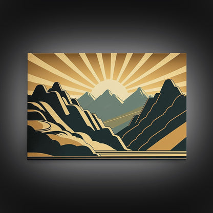 Art Deco Style Mountain landscape at Sunset, Framed Canvas Print, Large Format Wall Art, Huge Wall Decor