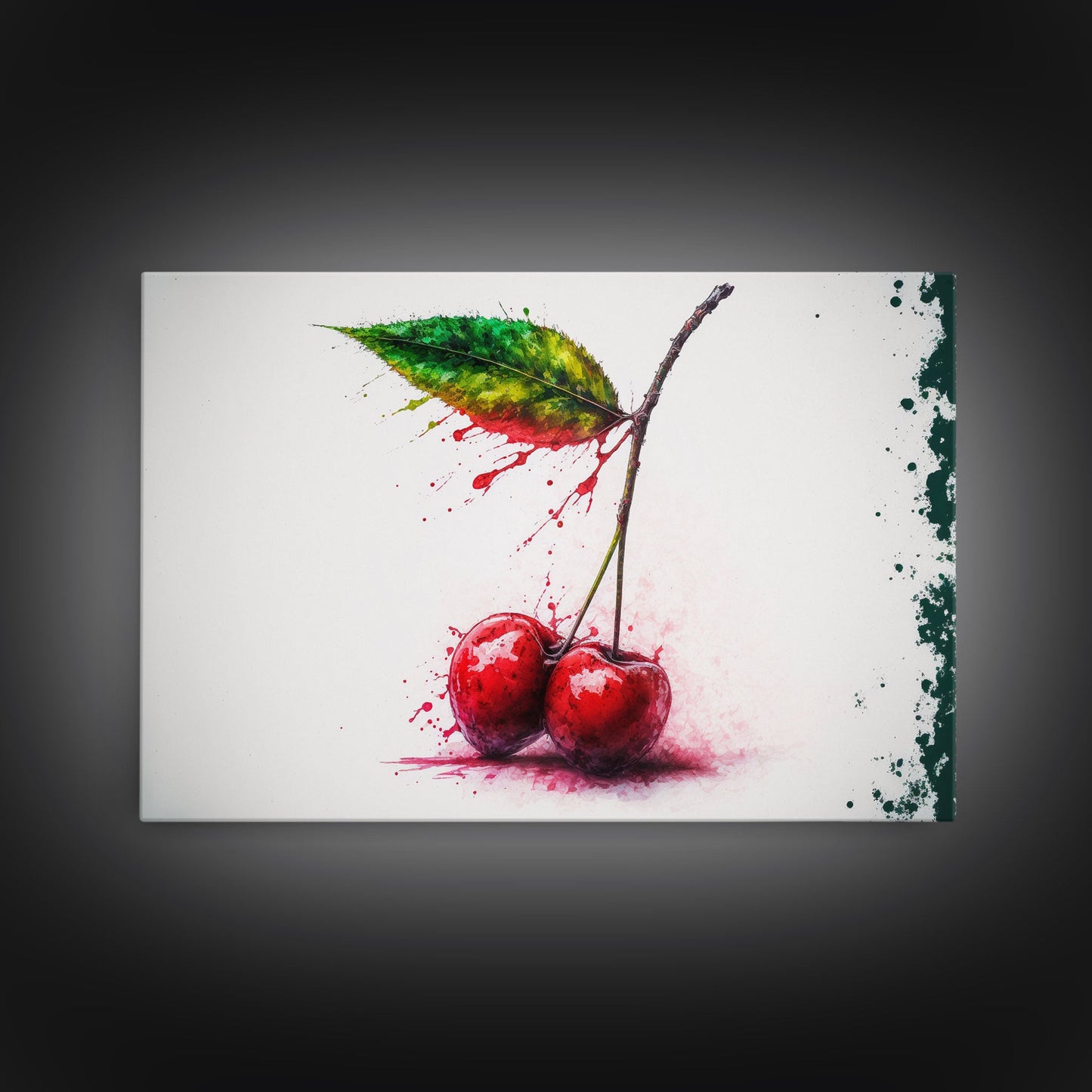 Watercolor Cherry, Still Life Paint Splatter Art, Framed Canvas Print, Fruit Art, Cherries with Stems Watercolor Painting